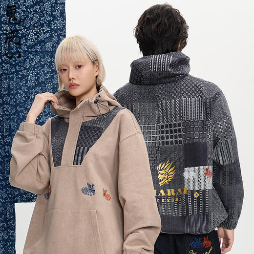 ONIARAI/鬼洗25秋蓝染复古牛仔布半拉链连帽套头卫衣男女 B240153 商品图0