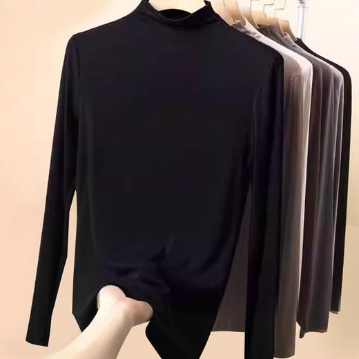 【买一送一】莫代尔半高领打底衫女秋冬内搭黑色长袖针织上衣2025新款春秋莫代尔t恤 商品图1