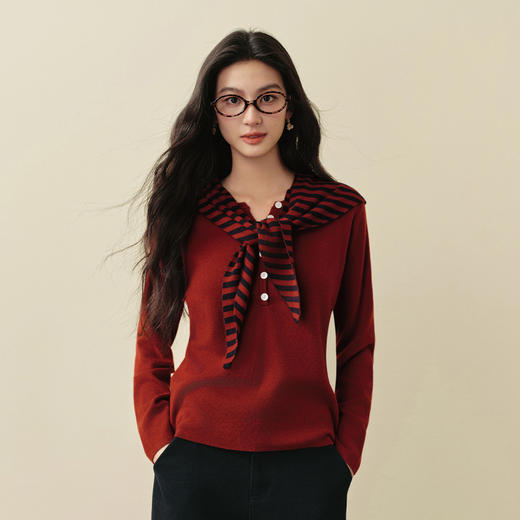 【严选】诗凡黎条纹撞色小披肩针织衫2025冬新款丝光羊毛混纺毛衣打底衫女7GB133231 商品图0