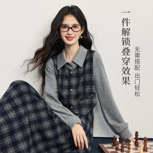【11/5新品】熙世界复古知识分子风针织拼接格纹毛呢假两件连衣裙女2025秋冬季 商品图1