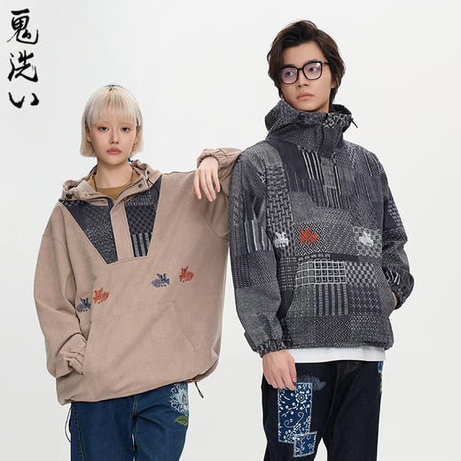 ONIARAI/鬼洗25秋蓝染复古牛仔布半拉链连帽套头卫衣男女 B240153 商品图2