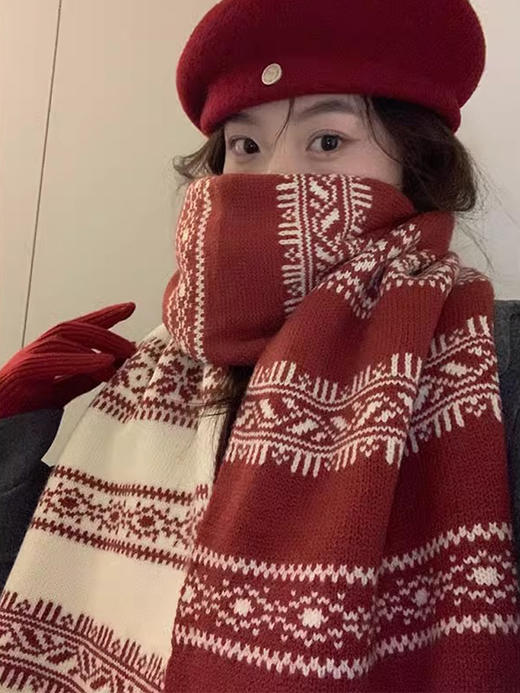 费尔岛风新年红双面针织羊绒围巾 女冬季氛围感百搭披肩保暖围脖 商品图1