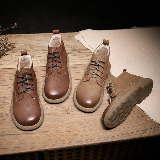 加厚毛！2025新款复古风系带马丁靴女圆头平底短靴女软皮加绒靴子！ 商品图2