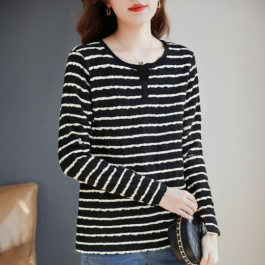 秋季大码条纹T恤女装新款显瘦宽松打底衫胖mm洋气遮肚子长袖上衣 商品图2