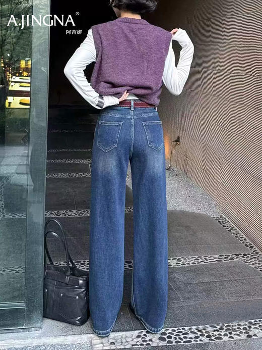 【加绒牛仔裤】阿菁娜冬季新款加绒牛仔裤高腰阔腿云朵绒内里保暖复古直筒长裤F30D210016 商品图4