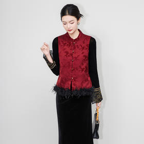 「高货wl」全新升级【铂金会员395/天猫529/差价134】(95420)洛诗琳新中式夹棉马甲2025秋冬国风鸵鸟毛无袖棉服外套女