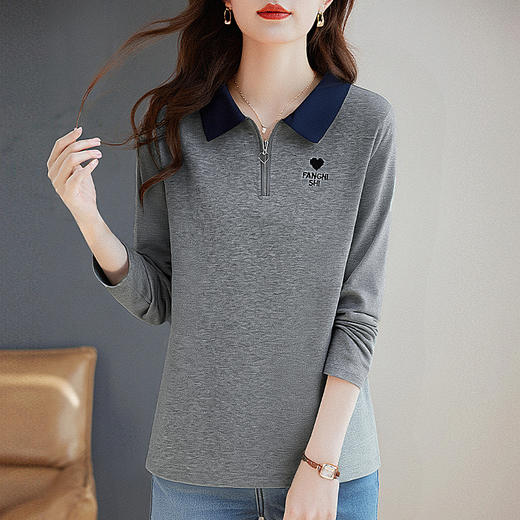 翻领长袖T恤女士大码早春装2026新款洋气妈妈打底衫宽松显瘦上衣 商品图1