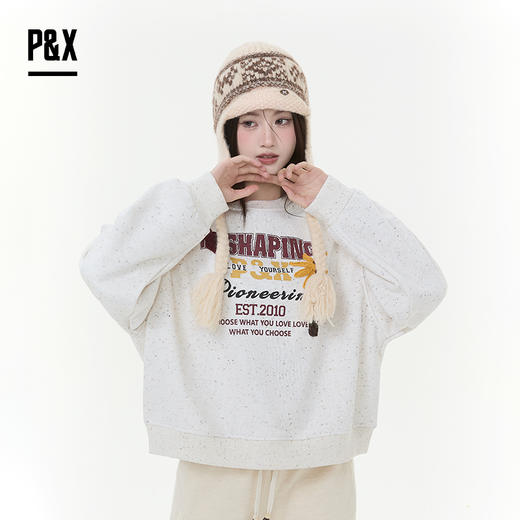 P&X设计师女装2025冬季圆领长袖卫衣休闲加绒825417153 杏色 商品图0