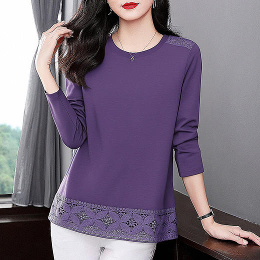 2026秋装新款大码胖MM女装宽松洋气长袖T恤拼接蕾丝高端时尚上衣 商品图2