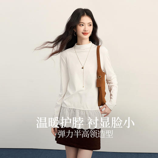 【11/5新品】熙世界假两件蕾丝边拼接内搭半高领白色T恤打底衫女2025秋冬新款 商品图1