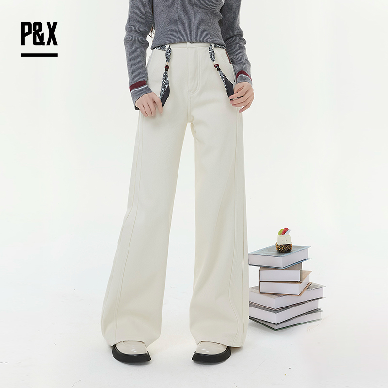 P&X设计师女装2025冬季直筒垂感拖地加绒牛仔长裤825410175 杏色