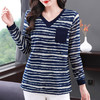 芳妮诗春夏新款条纹长袖打底衫女中长款大码V领上衣宽松显瘦t恤女 商品缩略图4