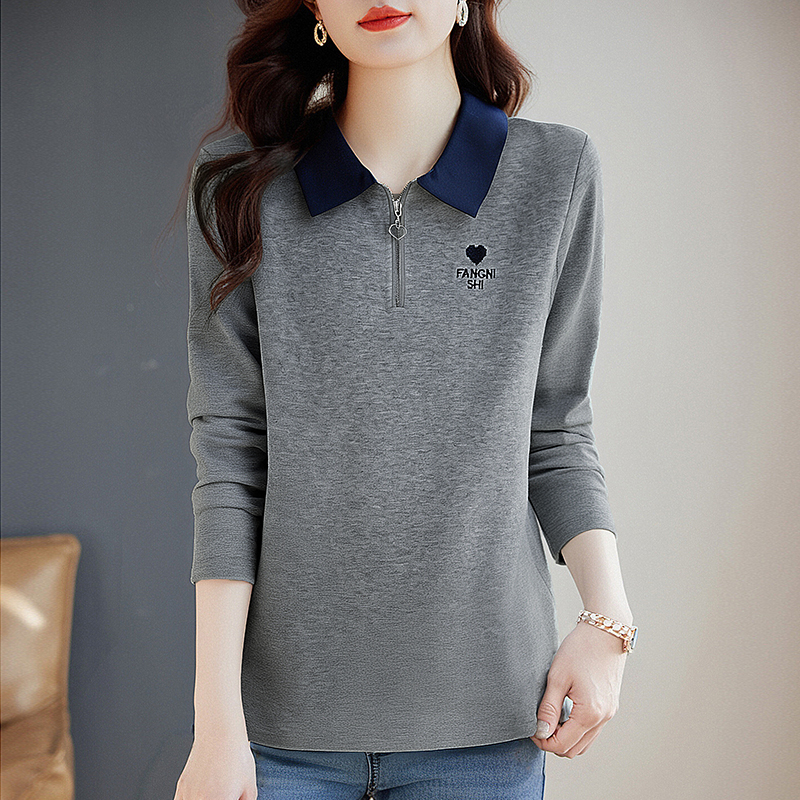 翻领长袖T恤女士大码早春装2026新款洋气妈妈打底衫宽松显瘦上衣