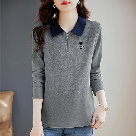 翻领长袖T恤女士大码早春装2026新款洋气妈妈打底衫宽松显瘦上衣 商品图0