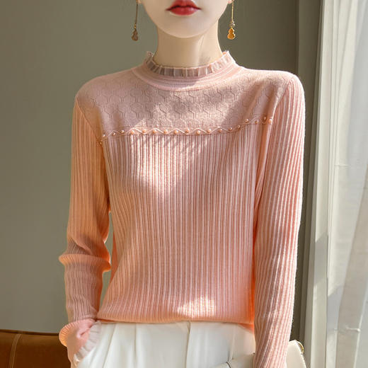 丁摩精纺羊毛新款女短款花边领蕾丝提花套头钉珠打底针织毛衣ALQT4-902 商品图2