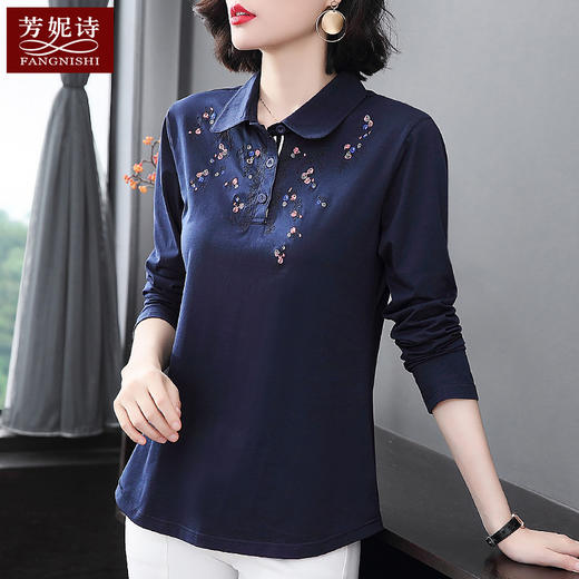 纯棉t恤女长袖中年妈妈翻领上衣大码女装女士春秋新款打底polo衫 商品图1