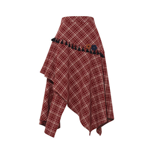 两三事 绯红诗行 2025冬季新款复古手钩花流苏格子不规则半身裙 商品图4