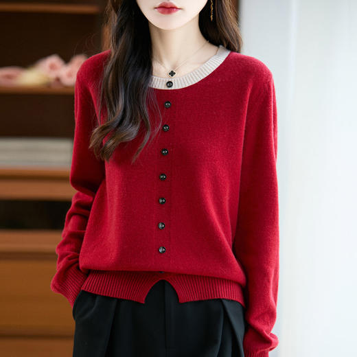 丁摩100%羊毛新款女式宽松圆领假两件拼色套头打底针织衫毛衣ALM2-452 商品图4