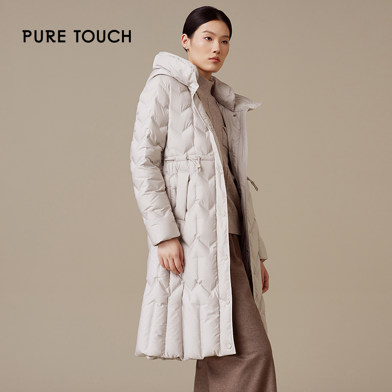puretouch女士中长款羽绒服白鹅绒保暖米灰色修身百搭冬季外套新