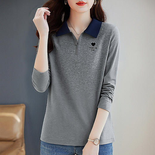 翻领长袖T恤女士大码早春装2026新款洋气妈妈打底衫宽松显瘦上衣 商品图2