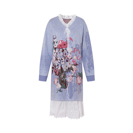 两三事梵高文艺云境织歌2025冬季新款甜美蕾丝拼接花色毛织连衣裙 商品图4