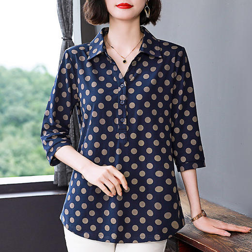 纯棉七分袖t恤上衣女春秋2026年新款大码波点中袖衫妈妈夏装短袖 商品图1