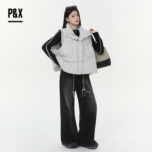 P&X设计师女装2025冬季拉链纯色无袖羽绒短款马甲 825406038 浅灰 商品图1