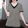 中长款条纹短袖t恤女2026新款大码女装遮屁股中年妈妈夏季V领上衣 商品缩略图3