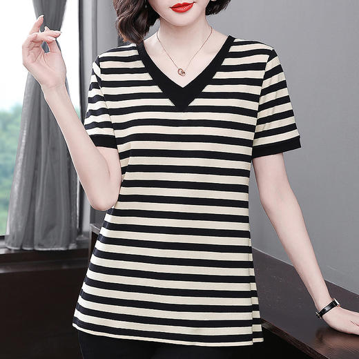 中长款条纹短袖t恤女2026新款大码女装遮屁股中年妈妈夏季V领上衣 商品图3