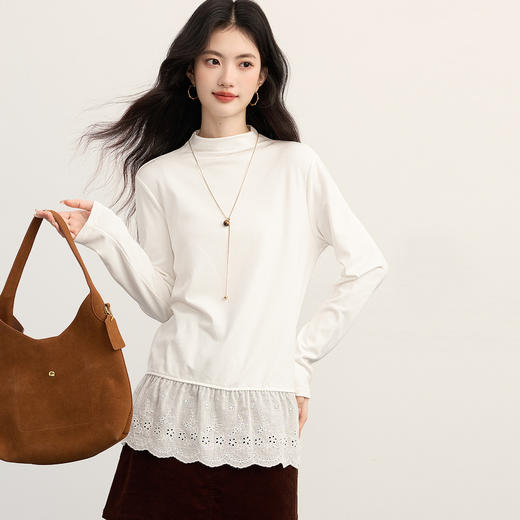 【11/5新品】熙世界假两件蕾丝边拼接内搭半高领白色T恤打底衫女2025秋冬新款 商品图2