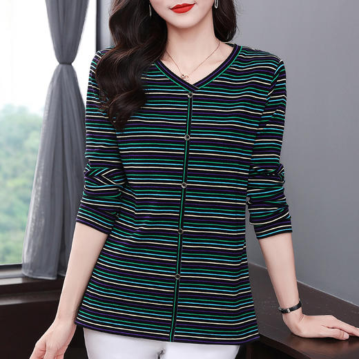 彩色条纹t恤女秋装2026年新款显瘦大码胖mm长袖打底衫中长款上衣 商品图0