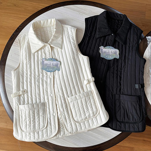 官网3900！配腰带 M家秋冬轻暖羊毛绗缝翻领无袖马甲收腰显瘦外穿背心竖条纹保暖内搭女 商品图5