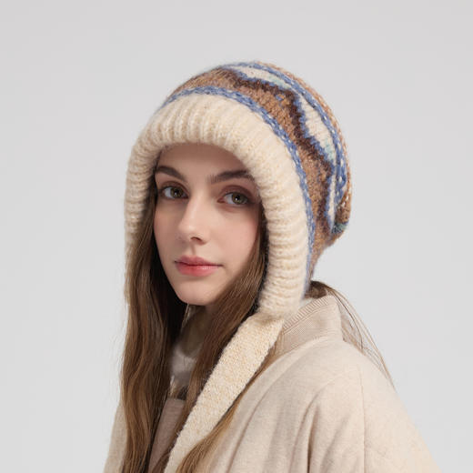 *【卡蒙】秋冬女款加厚保暖护耳系带费尔岛特色提花针织帽KM-9614 商品图1