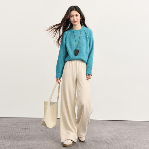 【11/5新品】熙世界湖水蓝绵羊毛圆领毛衣女冬季2025新款高级感加厚落肩针织衫 商品图2
