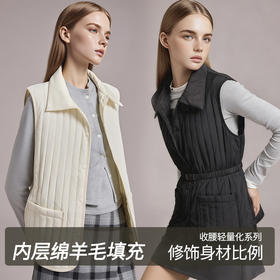 官网3900！配腰带 M家秋冬轻暖羊毛绗缝翻领无袖马甲收腰显瘦外穿背心竖条纹保暖内搭女