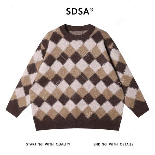 MY247SDSA男士秋冬新款痞帅男装复古撞色宽松菱形格圆领毛衣百搭时尚 商品图1