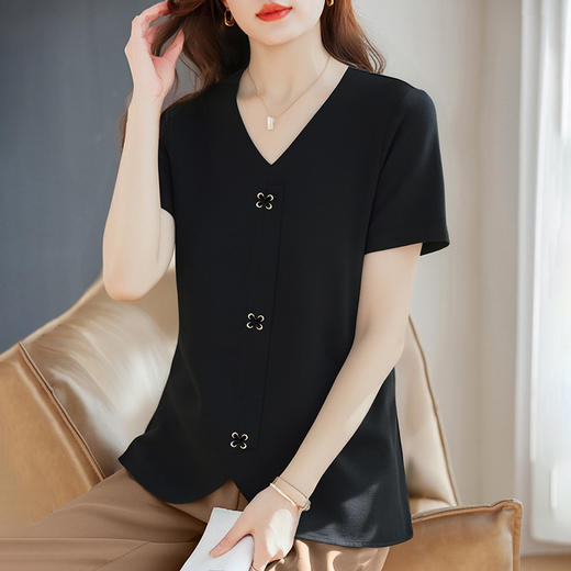 v领黑色短袖t恤女士夏季新款大码女装纯棉体恤衫洋气今年流行上衣 商品图4