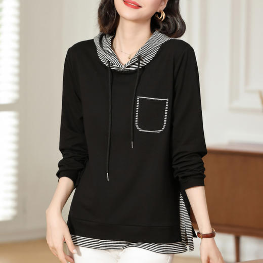 黑色连帽卫衣女春秋薄款2026年新款大码女装宽松套头下摆开叉上衣 商品图0