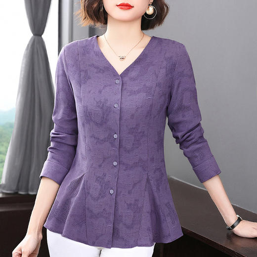 春秋上衣2026新款大码女装妈妈洋气衬衣外套紫色长袖女士衬衫高级 商品图0