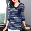 芳妮诗春夏新款条纹长袖打底衫女中长款大码V领上衣宽松显瘦t恤女 商品缩略图2
