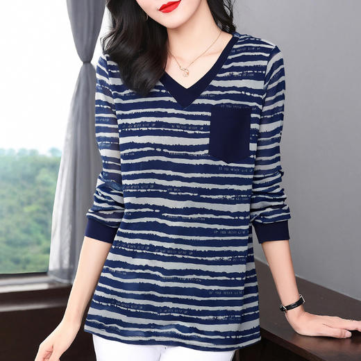 芳妮诗春夏新款条纹长袖打底衫女中长款大码V领上衣宽松显瘦t恤女 商品图2
