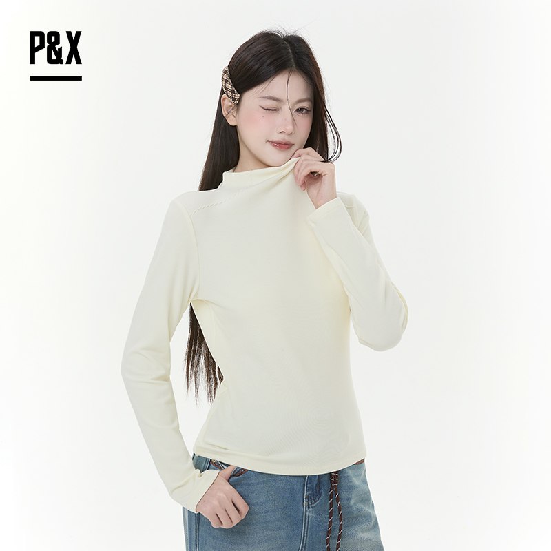 P&X设计师女装2025冬季半高领T恤保暖修身打底T恤 825402094 浅黄