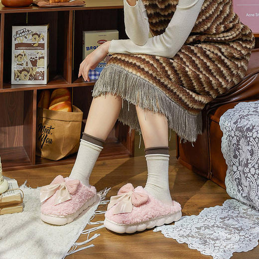 时尚甜美可爱防滑保暖蝴蝶结居家棉女士拖鞋-纪念日百货门店同款166993735 商品图3