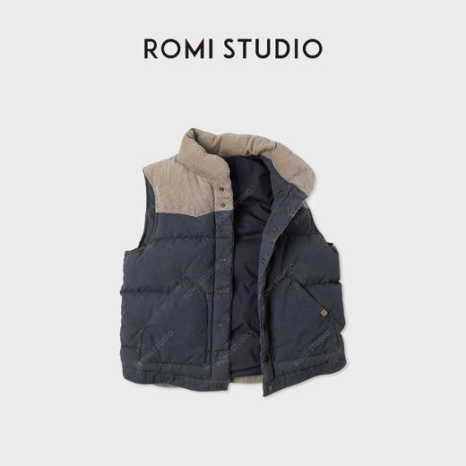 ROMI STUDIO90白鹅绒重洗水灯芯绒拼色立领羽绒马甲 RWCWWG5298 商品图1