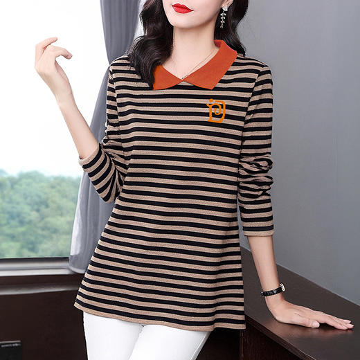 大码女装条纹女士t恤胖MM宽松2026新款春秋中长款显瘦长袖上衣女 商品图2