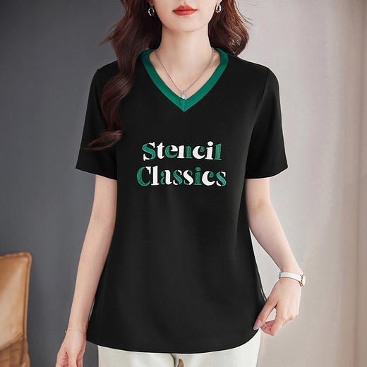 黑色女士短袖t恤夏季2026新款宽松大码胖mm显瘦遮肉V领上衣中长款 商品图2