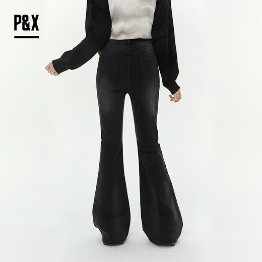 P&X设计师女装2025冬季时尚紧身微喇叭裤牛仔长裤825410167 黑色 商品图4