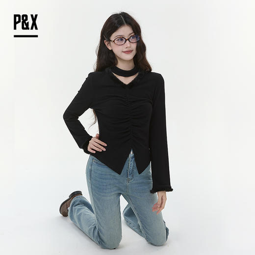 P&X设计师女装2025冬季V领显瘦时尚褶皱短款T恤825431079 黑色 商品图3