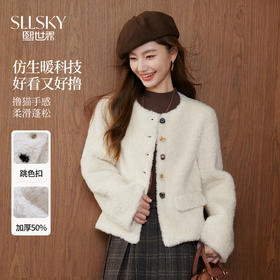 【年货节】熙世界小香风皮毛一体仿猫绒短外套女2025秋冬新款毛绒绒开衫上衣