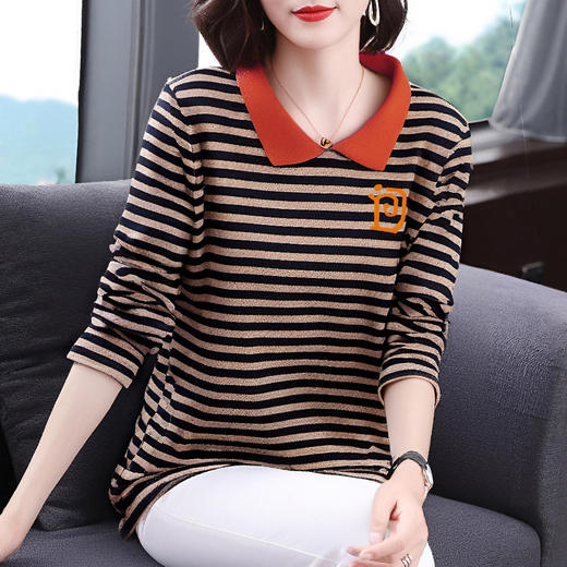 大码女装条纹女士t恤胖MM宽松2026新款春秋中长款显瘦长袖上衣女 商品图1